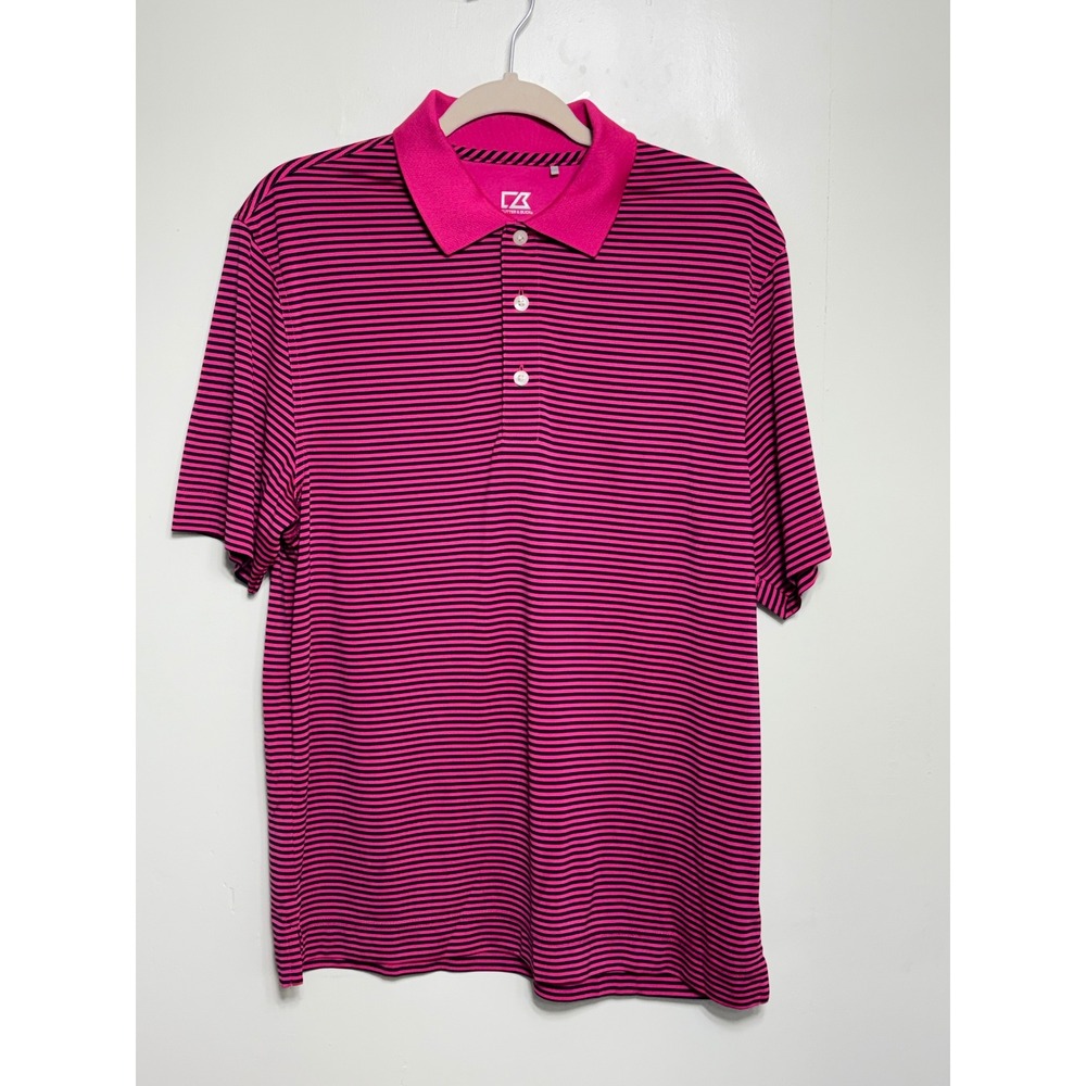 Cutter & Buck Men Polo Shirt M Pink Navy Stripe DryTec Golf Short Sleeve Casual